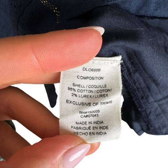 DRA Los Angeles Navy Gold Metallic Striped Eyelet Long Sleeve Shift Mini Dress - Picture 11 of 12